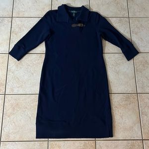 LRL Collared‎ Sweatshirt Dress 3/4 Sleeves Cotton Navy with Leather Strap, Sz S